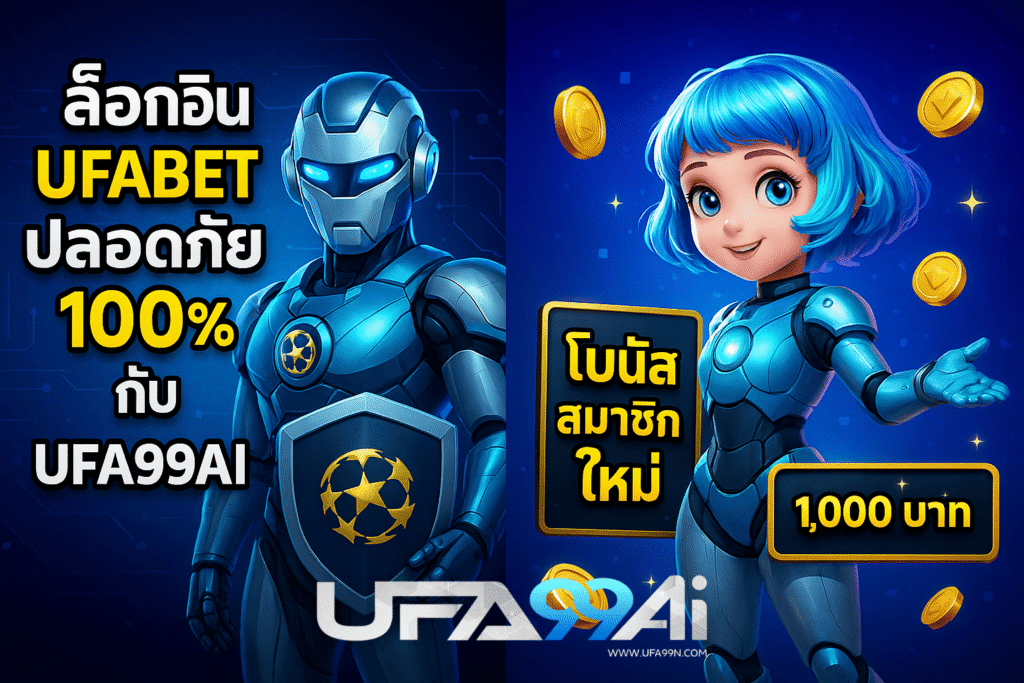 ล็อกอิน UFABET ปลอดภัย 100% กับ UFA99AI พร้อมโบนัสสมาชิกใหม่สูงสุด 1,000 บาท ภาพหุ่นยนต์แนวไซไฟสีน้ำเงิน