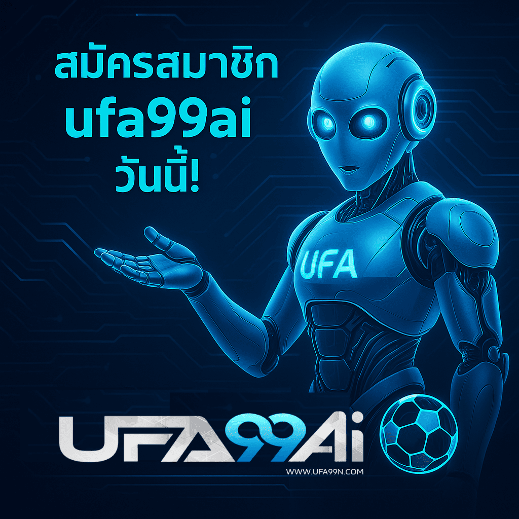 หุ่นยนต์ล้ำสมัยในธีมสีฟ้าเชิญชวนสมัครสมาชิก ufa99ai พร้อมข้อความ สมัครสมาชิก ufa99ai วันนี้! และโลโก้ UFA99AI
