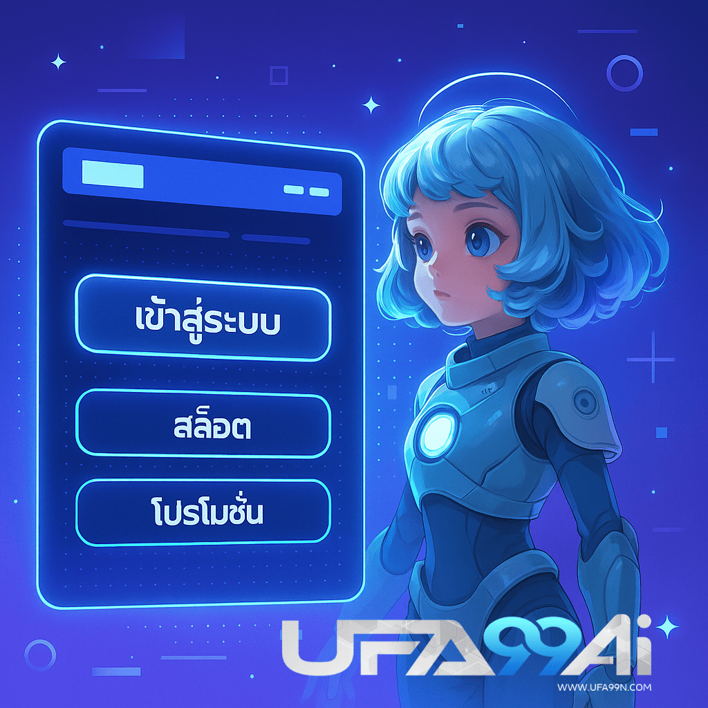 หุ่นยนต์สาวในชุดเกราะแนวอวกาศกำลังใช้งานเว็บไซต์ ufa99ai บนหน้าจอไฮเทค มีปุ่ม เข้าสู่ระบบ สล็อต โปรโมชั่น