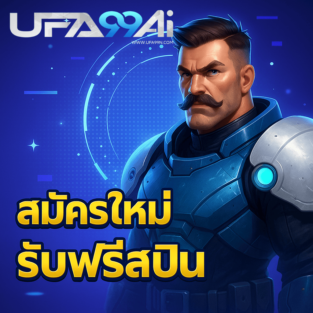 ชายหนวดในชุดเกราะอวกาศสุดเข้มแข็ง แนะนำโปรโมชัน สมัครใหม่ รับฟรีสปิน บนพื้นหลังธีมอวกาศสีฟ้าม่วง