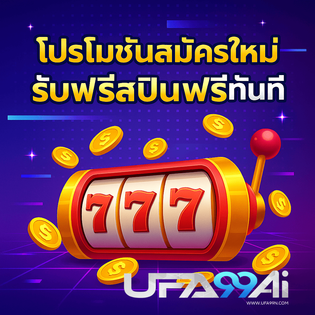 ภาพโปรโมชั่นสมัครใหม่ รับฟรีสปินทันที พร้อมสล็อตแมชชีน 777 และเหรียญทองลอยในธีมคาสิโนสีม่วง น้ำเงิน ทอง สำหรับเว็บ UFA99AI